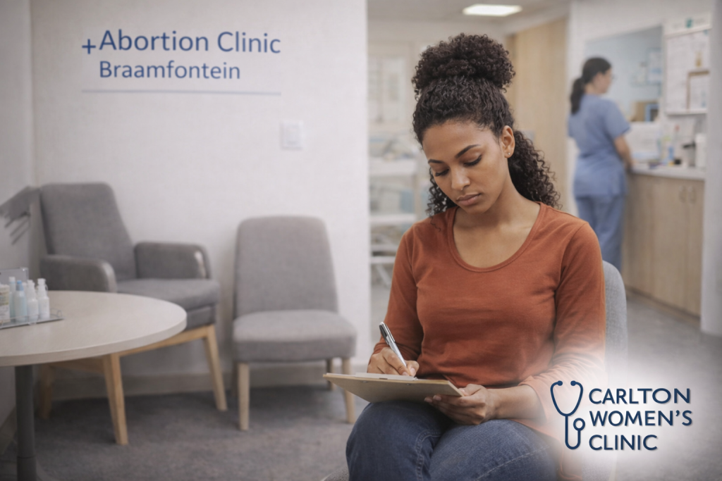 Black woman completing clinic forms in a private waiting area at an abortion clinic Braamfontein