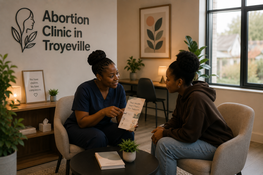 Nurse working at abortion clinic in Troyeville explaining to a young female has the clinic operates.