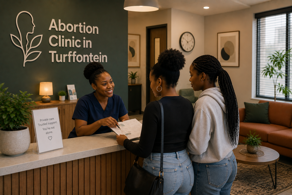 Nurse working at abortion clinic in Turffontein explaining to a young female how bookings are made at the clinic
