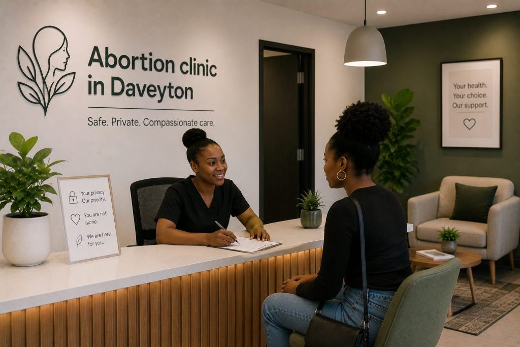 Abortion clinic in Daveyton assisting a young woman during a confidential consultation at a modern healthcare reception.