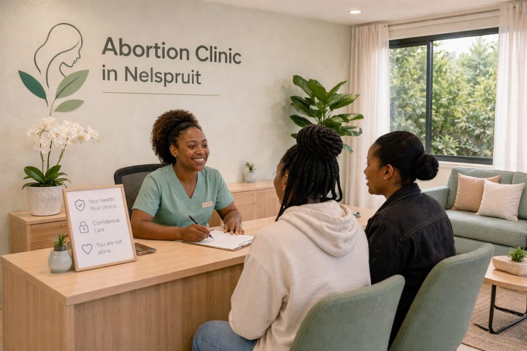 Nurse working at an abortion clinic in Nelspruit explaining to 2 young female how they operate.