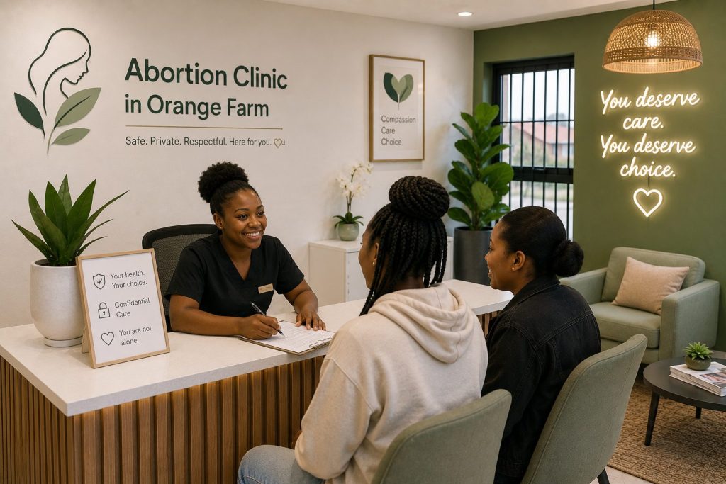 Abortion Clinic in Orange providing confidential reproductive healthcare support as patients speak with a nurse at a modern clinic reception.