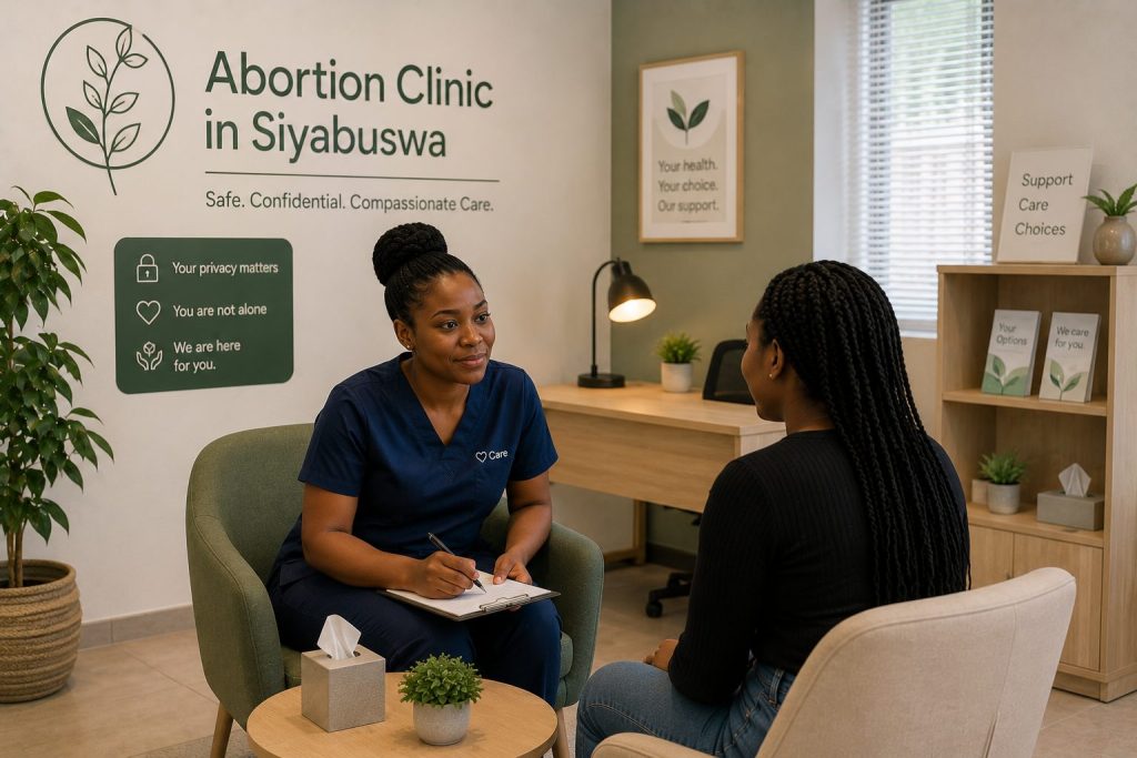 Abortion clinic in Siyabuswa providing a private consultation between a healthcare professional and patient in a comfortable clinic setting.