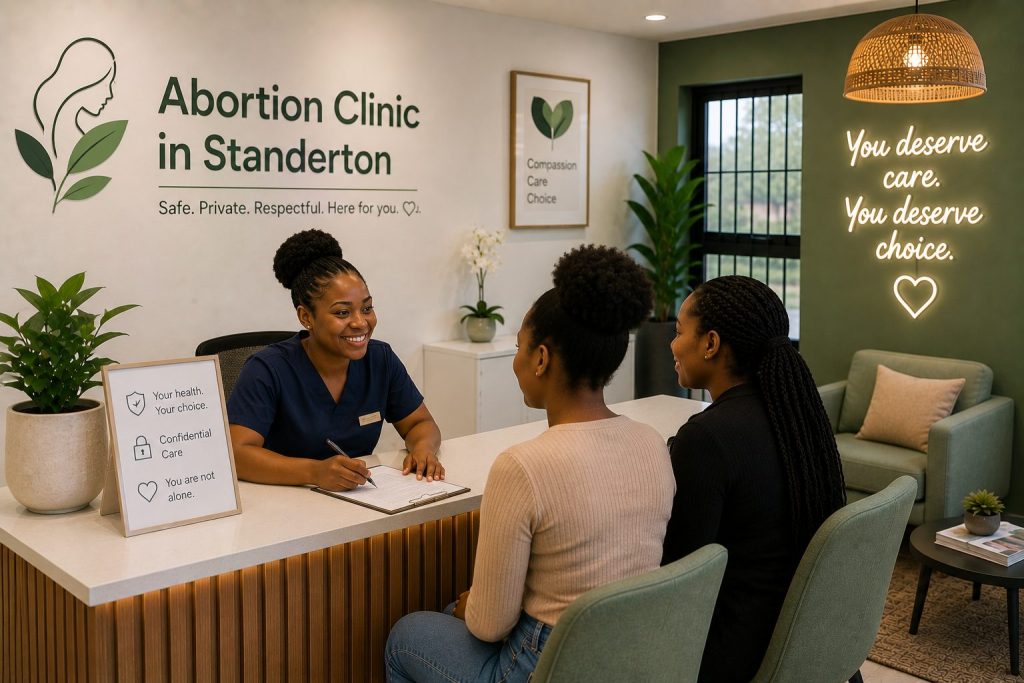 Abortion clinic in Standerton assisting two women during a confidential consultation at a modern and welcoming healthcare reception.